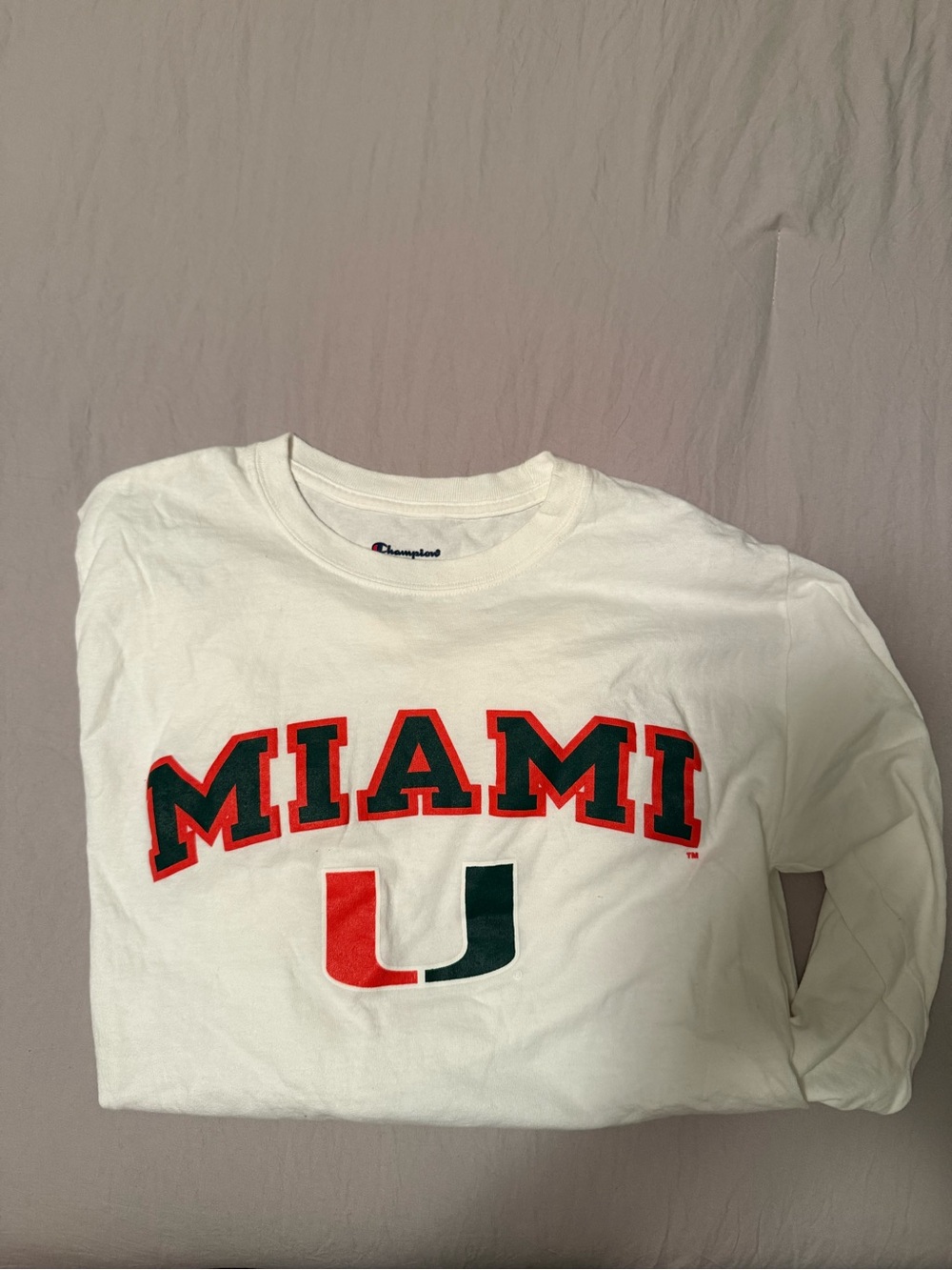 Champion White Long Sleeve U Miami Graphic Tee